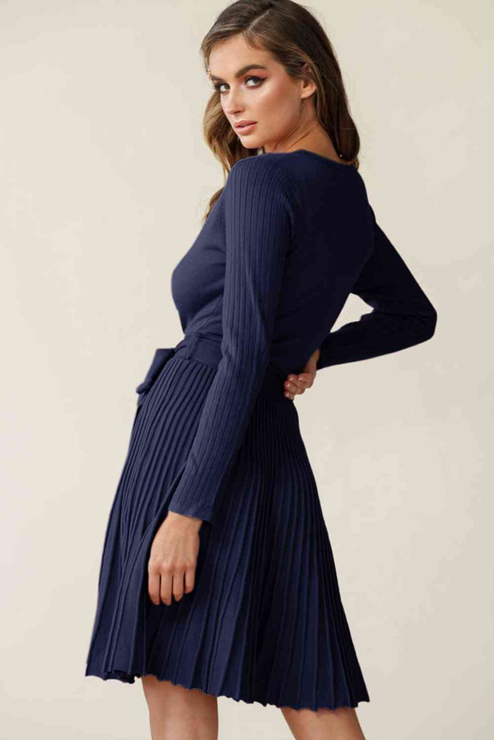 Surplice Neck Tie Waist Pleated Dress |1mrk.com