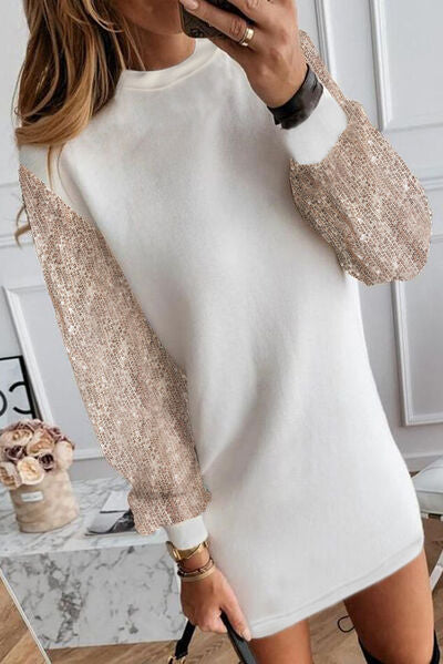 Sequin Long Sleeve Round Neck Mini Dress | 1mrk.com