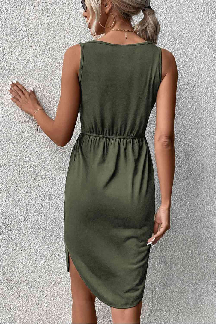 V-Neck Curved Hem Sleeveless Dress |1mrk.com