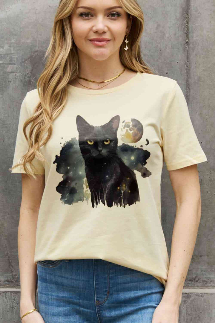 Simply Love Full Size Black Cat Graphic Cotton Tee | 1mrk.com