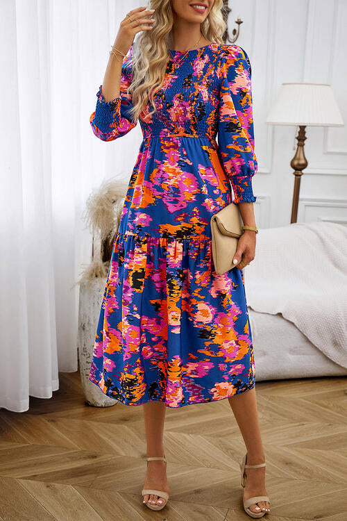 Printed Smocked Lantern Sleeve Ruffled Dress | 1mrk.com