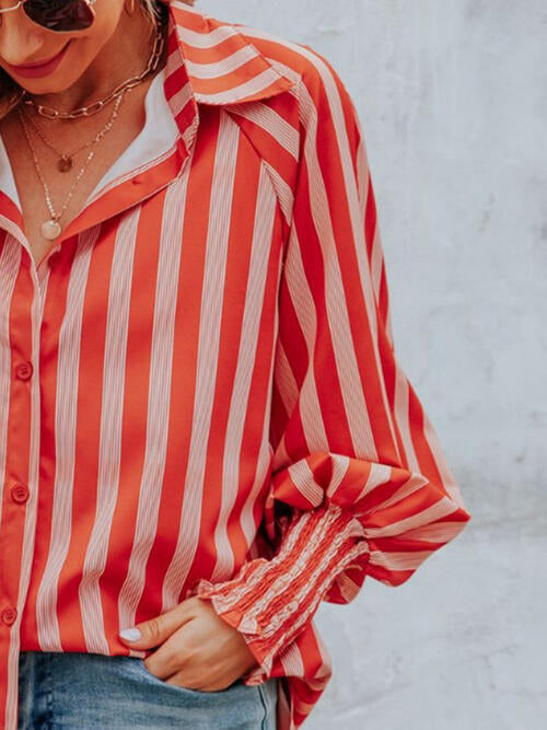 Striped Collared Neck Lantern Sleeve Shirt |1mrk.com