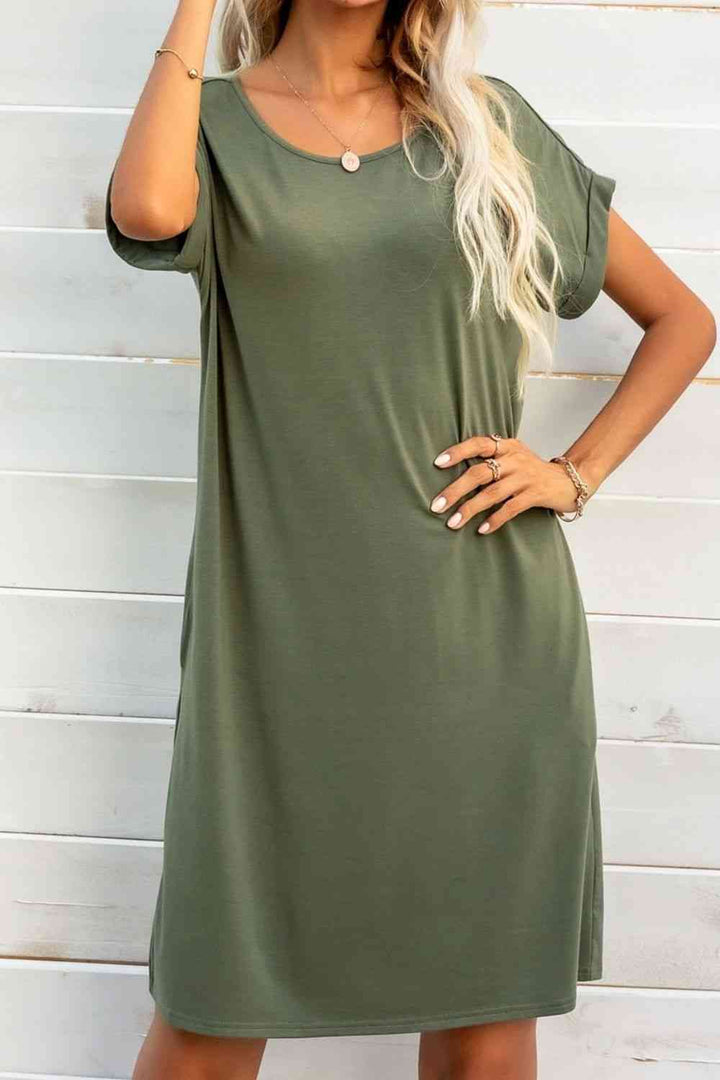 Scoop Neck Short Sleeve Pocket Dress |1mrk.com