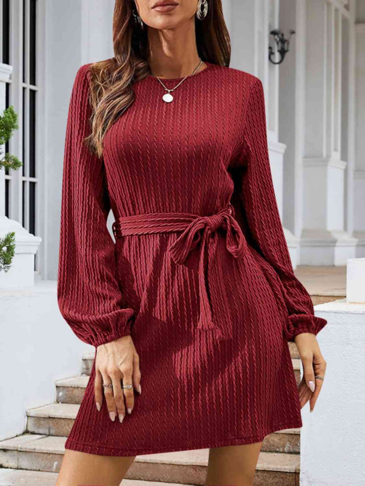 Round Neck Tie Front Long Sleeve Dress | 1mrk.com