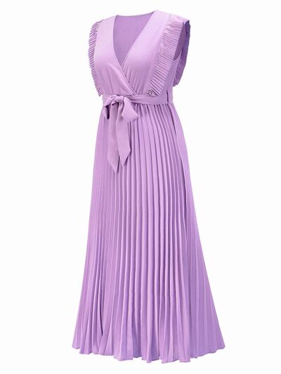 Tied Surplice Cap Sleeve Pleated Dress |1mrk.com