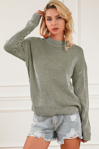 Striped Mock Neck Dropped Shoulder Sweater |1mrk.com