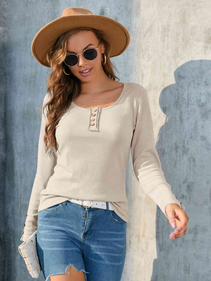 Buttoned Round Neck Long Sleeve T-Shirt | 1mrk.com