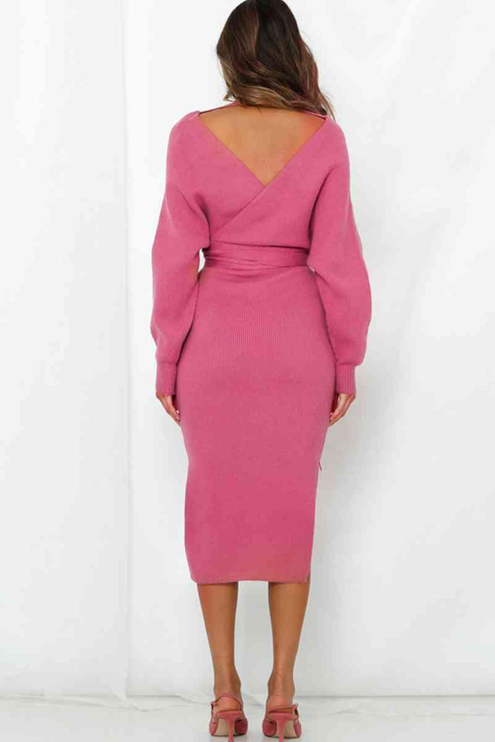 Surplice Neck Bow Waist Slit Sweater Dress |1mrk.com