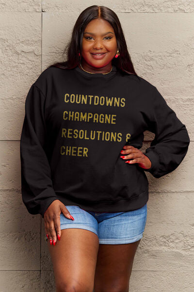 Simply Love Full Size COUNTDOWNS CHAMPAGNE RESOLUTIONS & CHEER Round Neck Sweatshirt | Trendsi