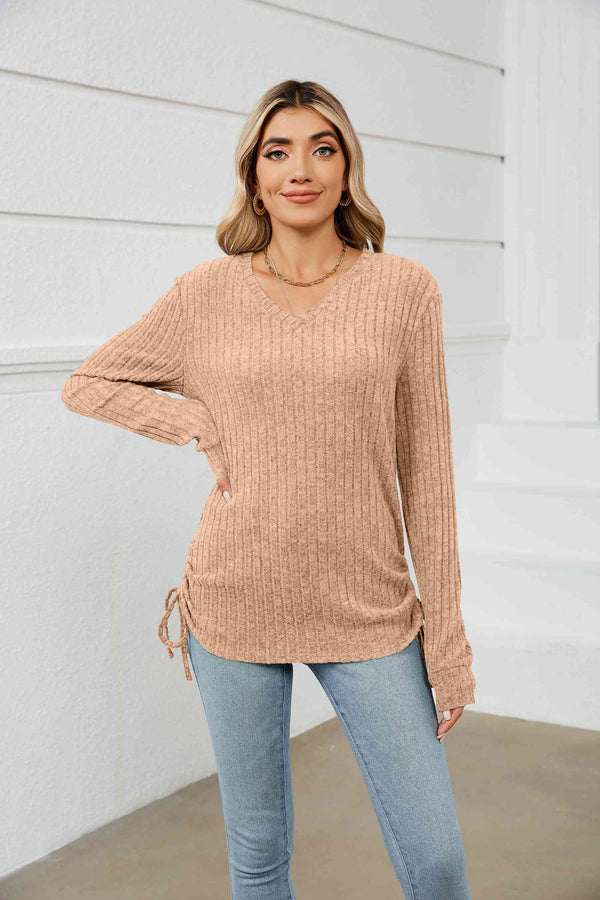 Drawstring Ribbed Long Sleeve T-Shirt | 1mrk.com