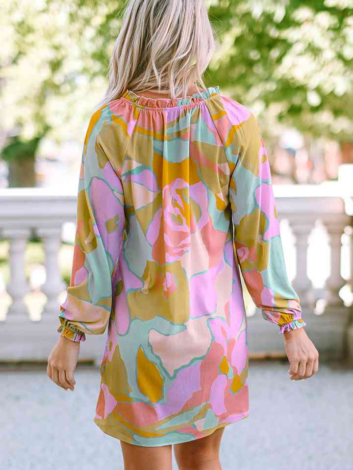 Printed Tie Neck Long Sleeve Dress |1mrk.com