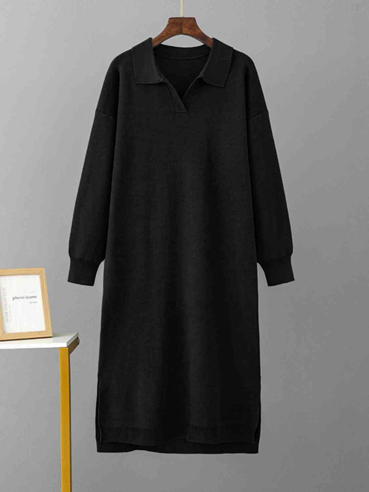 Johnny Collar Long Sleeve Slit Sweater Dress |1mrk.com