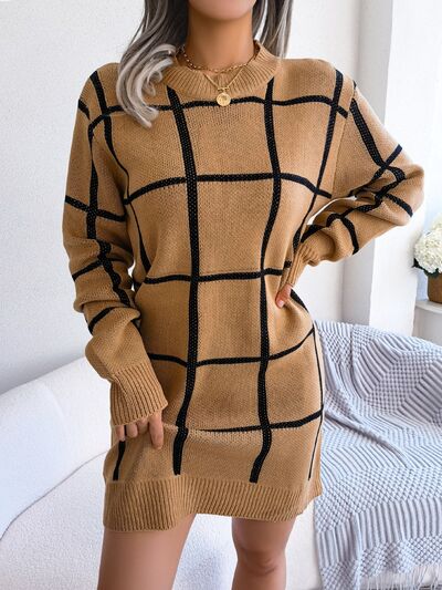 Plaid Round Neck Dropped Shoulder Sweater Dress |1mrk.com