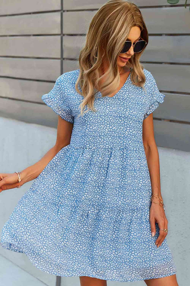 Printed V-Neck Short Sleeve Tiered Dress |1mrk.com