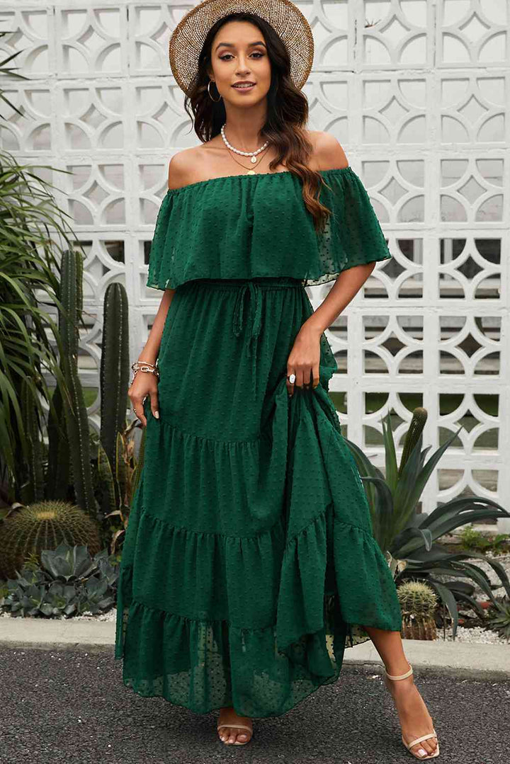 Swiss Dot Off-Shoulder Tiered Maxi Dress |1mrk.com