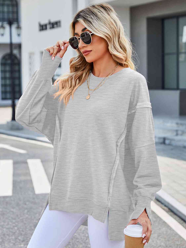 Exposed Seam High-Low Round Neck Sweatshirt |1mrk.com