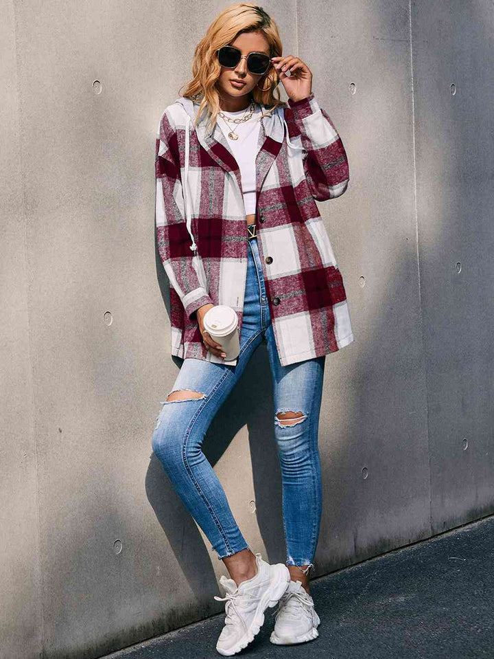 Plaid Dropped Shoulder Hooded Jacket | 1mrk.com