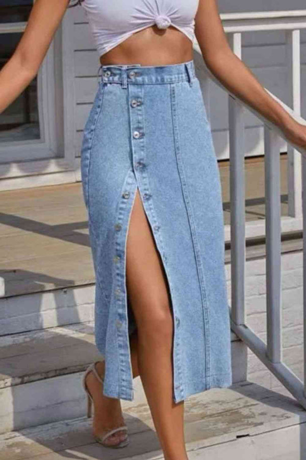 Buttoned Split Denim Skirt | 1mrk.com
