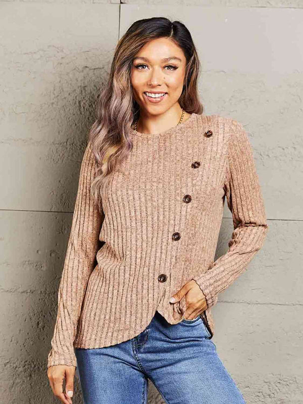 Double Take Ribbed Round Neck Buttoned Long Sleeve Tee | 1mrk.com