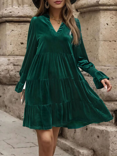 Notched Long Sleeve Tiered Dress |1mrk.com