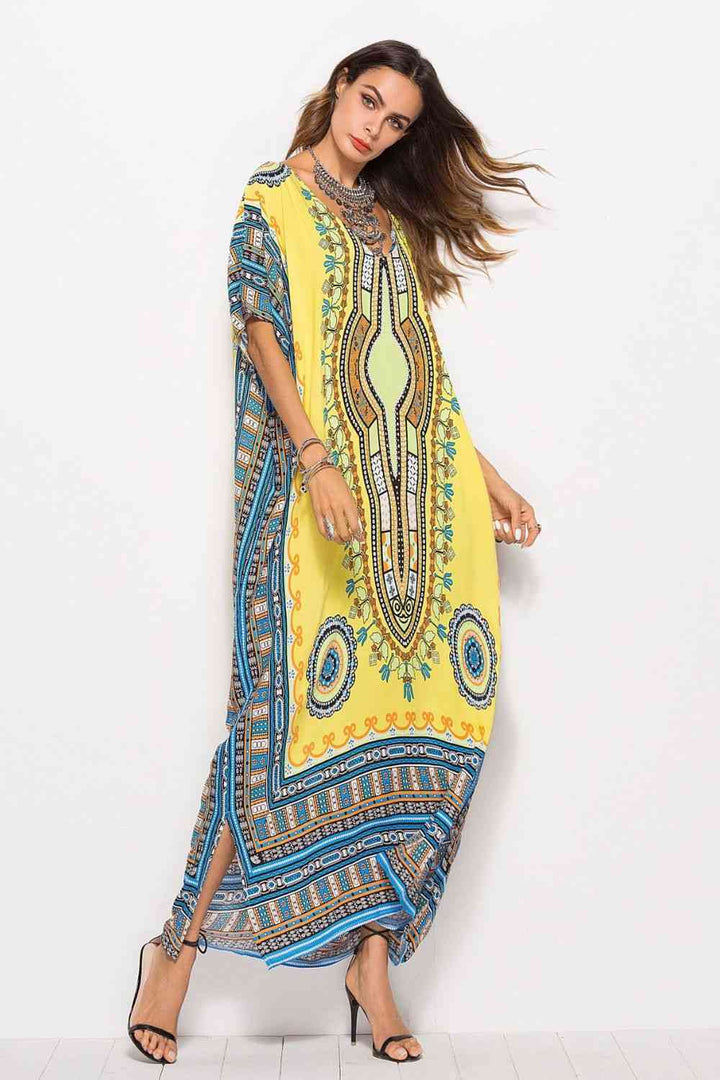 Printed V-Neck Side Slit Maxi Dress |1mrk.com