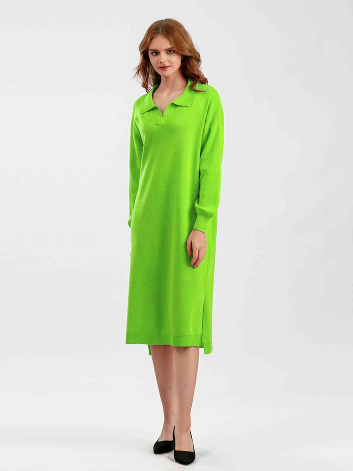 Johnny Collar Long Sleeve Slit Sweater Dress |1mrk.com