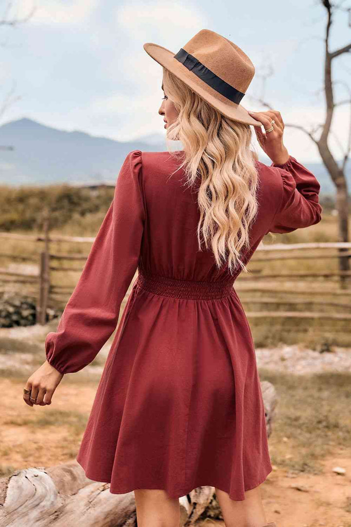 V-Neck Long Sleeve Smocked Waist Mini Dress |1mrk.com