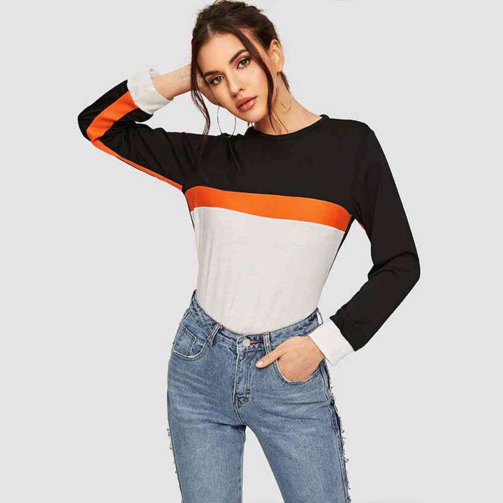 Color Block Round Neck Long Sleeve Tee | 1mrk.com