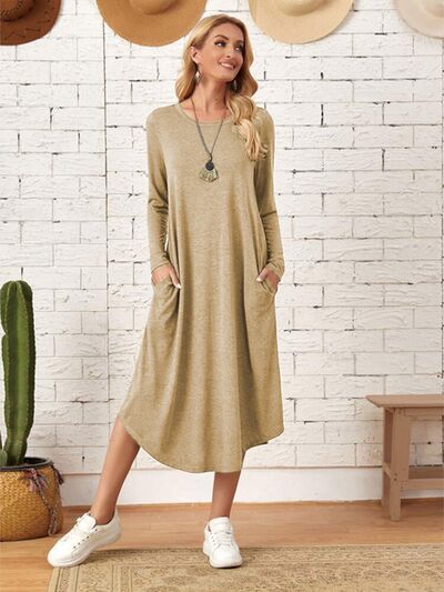 Pocketed Round Neck Long Sleeve Tee Dress | Trendsi