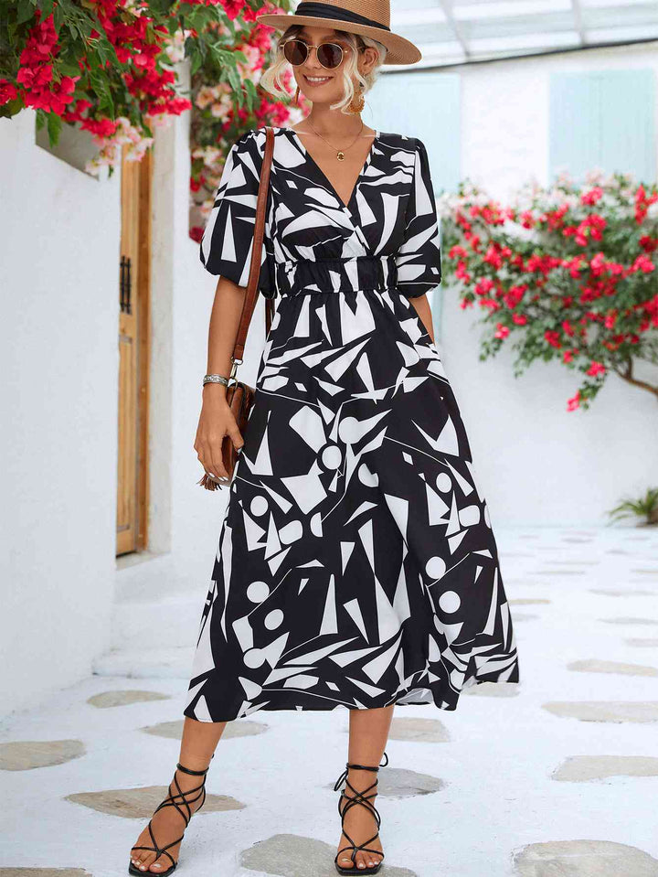 Printed Surplice Balloon Sleeve Dress |1mrk.com