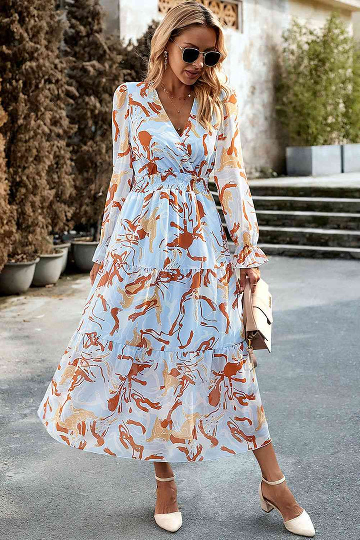 Printed Surplice Neck Flounce Sleeve Midi Dress |1mrk.com