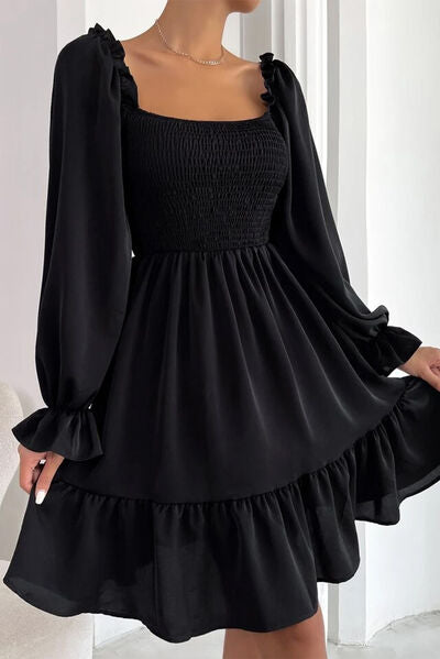 Smocked Square Neck Flounce Sleeve Mini Dress |1mrk.com