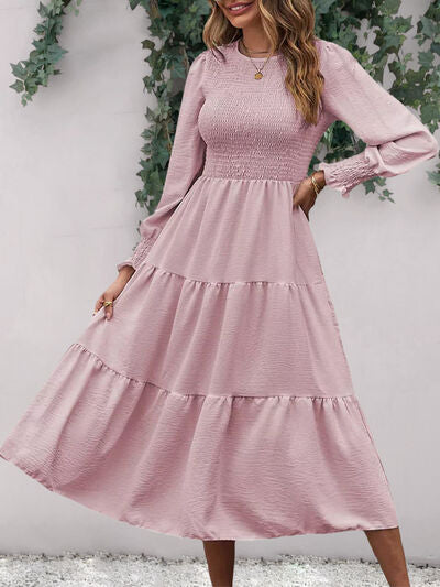 Smocked Round Neck Long Sleeve Midi Dress |1mrk.com