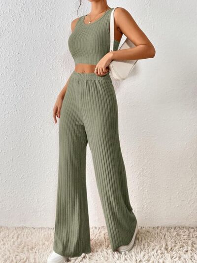 Ribbed Round Neck Tank and Pants Sweater Set |1mrk.com