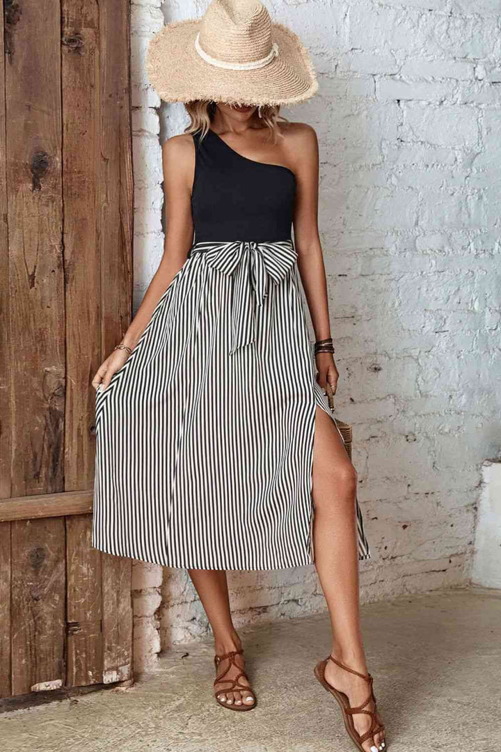 Striped One-Shoulder Slit Dress |1mrk.com