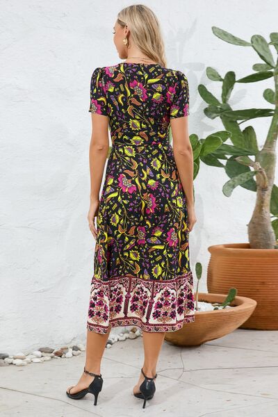 Printed Surplice Short Sleeve Dress |1mrk.com