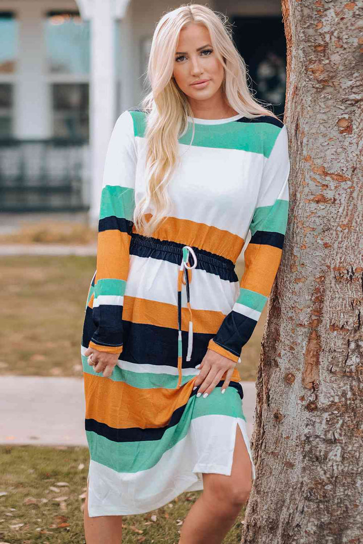 Striped Drawstring Waist Side Slit Midi Dress |1mrk.com