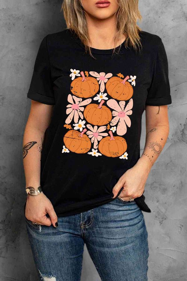 Round Neck Short Sleeve Pumpkin Graphic T-Shirt | 1mrk.com