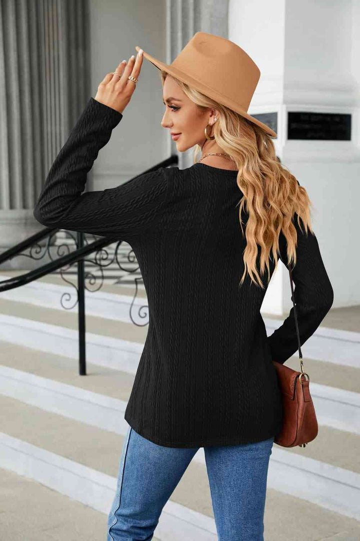 Cable-Knit Long Sleeve V-Neck T-Shirt | 1mrk.com