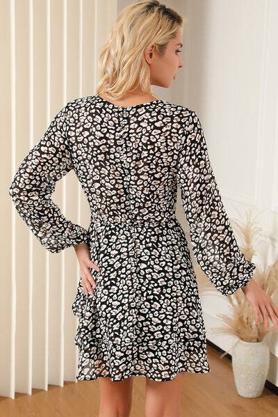 Printed Surplice Balloon Sleeve Mini Dress |1mrk.com