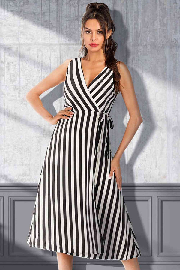 Striped Surplice Tied Sleeveless Dress |1mrk.com