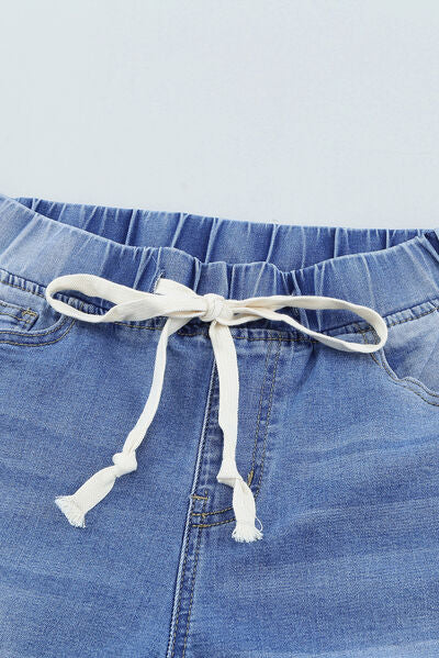 Drawstring Distressed Raw Hem Jeans with Pockets | 1mrk.com