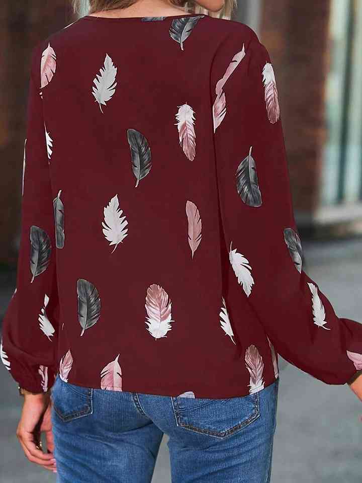 Printed Notched Neck Long Sleeve Blouse | 1mrk.com