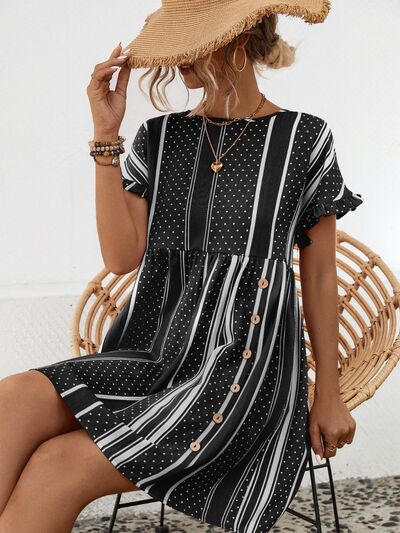 Striped Polka Dot Frill Short Sleeve Mini Dress |1mrk.com