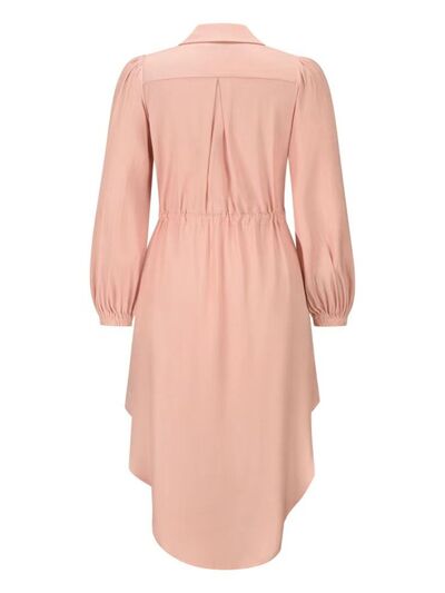 Drawstring Button Up Balloon Sleeve Dress |1mrk.com