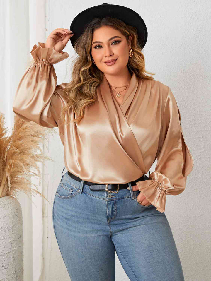 Plus Size Surplice Neck Flounce Sleeve Blouse |1mrk.com