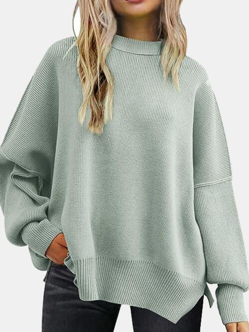 Round Neck Drop Shoulder Slit Sweater |1mrk.com