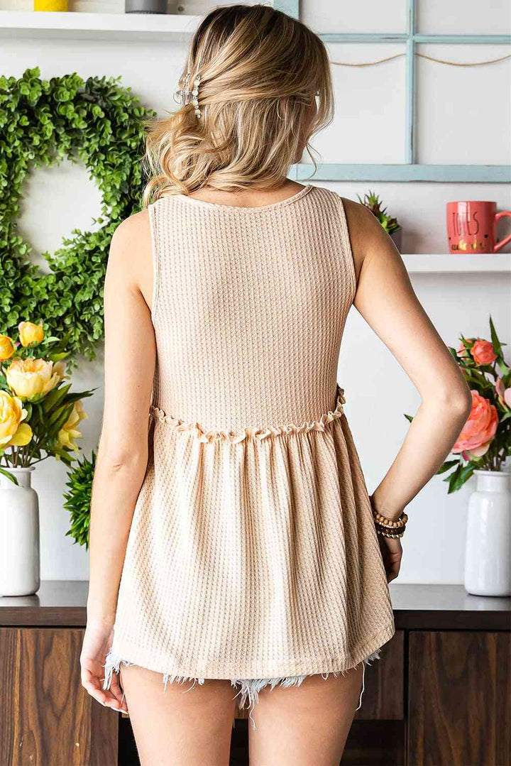 Decorative Button V-Neck Waffle-Knit Babydoll Tank | 1mrk.com