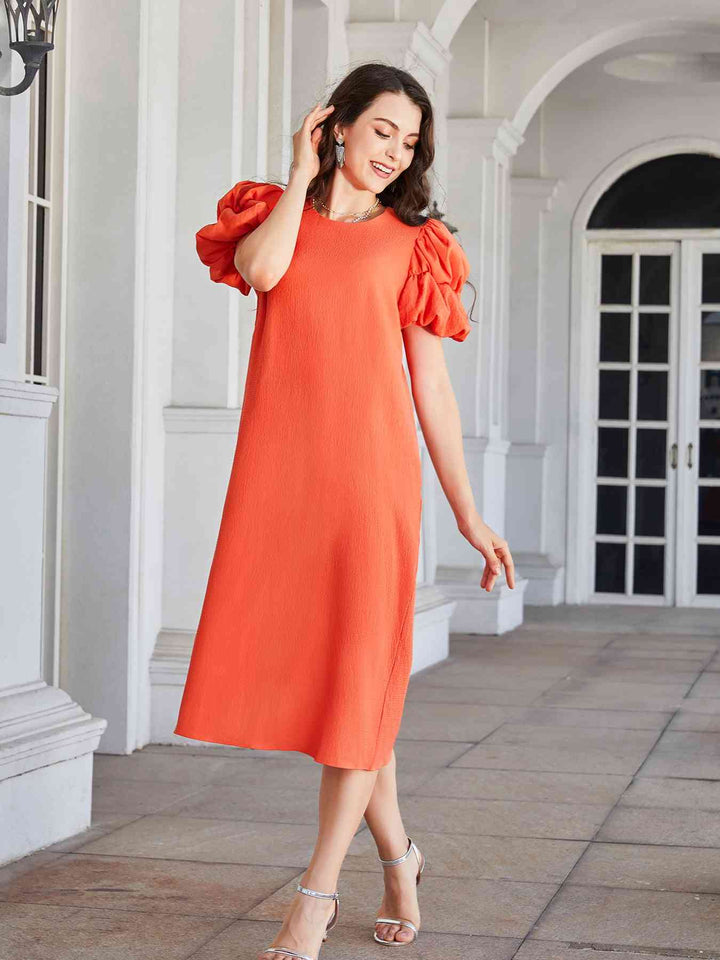 Round Neck Bubble Sleeve Straight Hem Midi Dress |1mrk.com