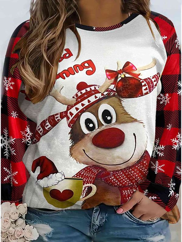 Plus Size Reindeer Graphic Plaid Long Sleeve T-Shirt | 1mrk.com